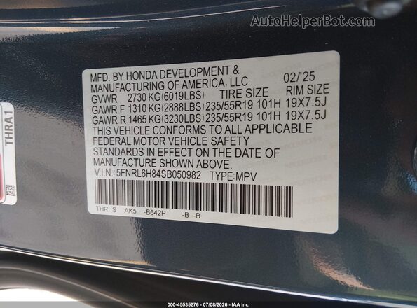 5FNRL6H84SB050982 2025 HONDA ODYSSEY Gray Вид підкапотного простору