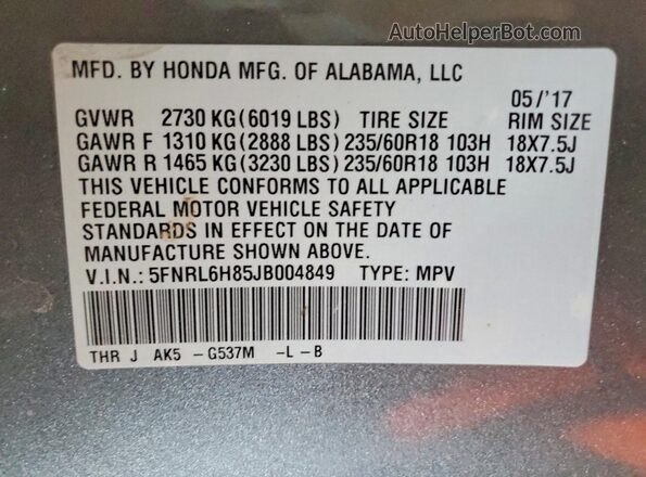 5FNRL6H85JB004849 2018 HONDA ODYSSEY Teal VIN կոդի պիտակի տեսք