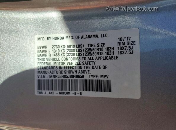 5FNRL6H85JB049659 2018 HONDA ODYSSEY Silver VIN კოდის სტიკერის ხედი