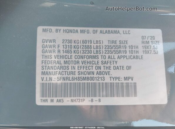 5FNRL6H85MB001213 2021 HONDA ODYSSEY Black Vista del compartimento del motor