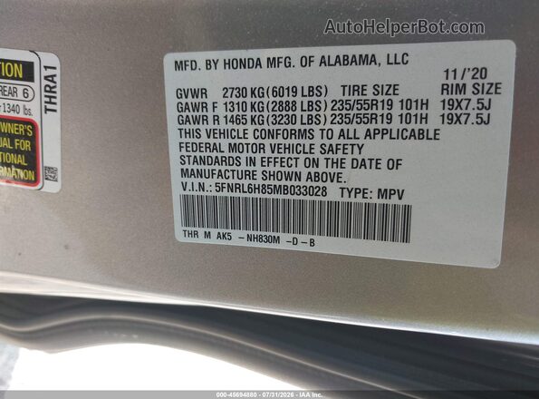 5FNRL6H85MB033028 2021 HONDA ODYSSEY Silver Вид підкапотного простору