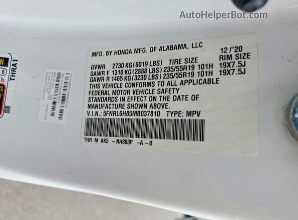 5FNRL6H85MB037810 2021 HONDA ODYSSEY White VIN კოდის სტიკერის ხედი