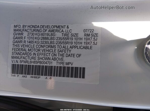 5FNRL6H85PB004701 2023 HONDA ODYSSEY White Շարժիչի բաժամունքի տեսք