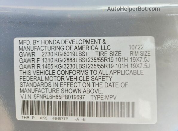 5FNRL6H85PB019697 2023 HONDA ODYSSEY Blue VIN կոդի պիտակի տեսք