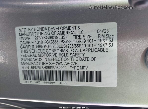 5FNRL6H85PB062002 2023 HONDA ODYSSEY Gray Widok komory silnika
