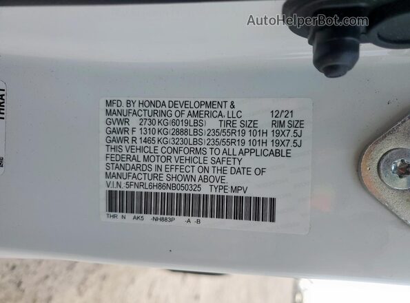 5FNRL6H86NB050325 2022 HONDA ODYSSEY White VIN კოდის სტიკერის ხედი