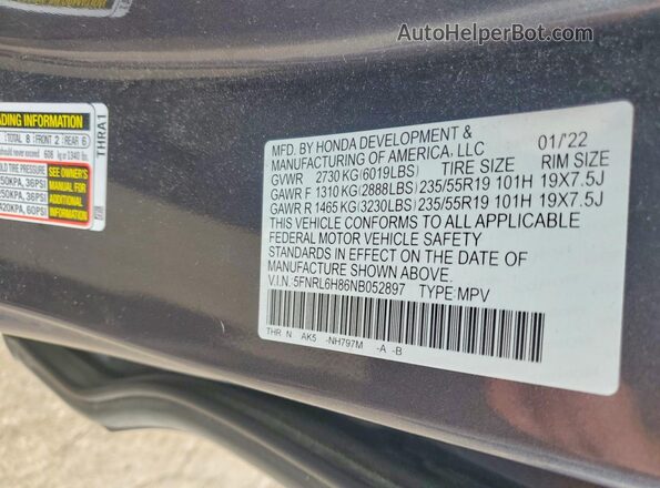 5FNRL6H86NB052897 2022 HONDA ODYSSEY Gray Vista de la etiqueta del VIN