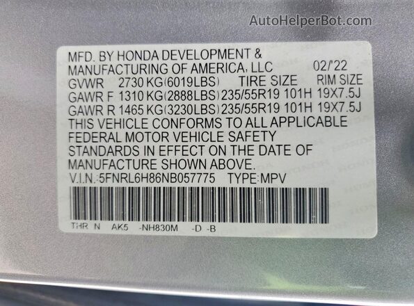 5FNRL6H86NB057775 2022 HONDA ODYSSEY Silver Вид підкапотного простору