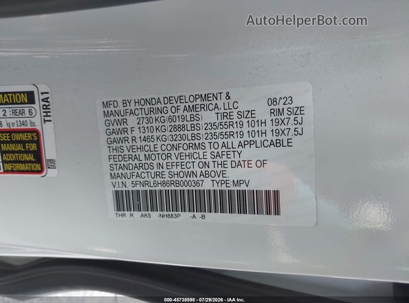 5FNRL6H86RB000367 2024 HONDA ODYSSEY Белый Вид подкапотного пространства