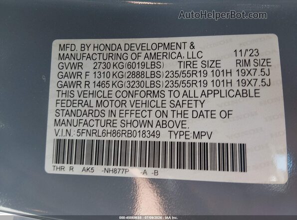5FNRL6H86RB018349 2024 HONDA ODYSSEY Blue Շարժիչի բաժամունքի տեսք