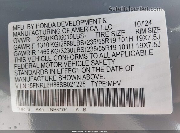 5FNRL6H86SB021225 2025 HONDA ODYSSEY Pewter Engine compartment view