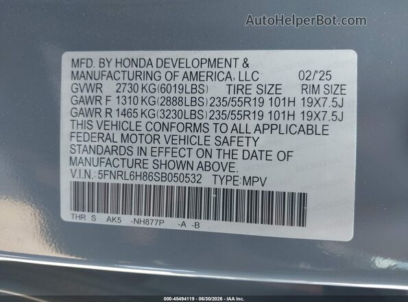 5FNRL6H86SB050532 2025 HONDA ODYSSEY Gray Շարժիչի բաժամունքի տեսք
