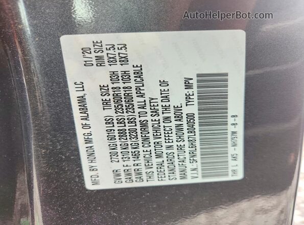 5FNRL6H87LB040500 2020 HONDA ODYSSEY Gray VIN კოდის სტიკერის ხედი