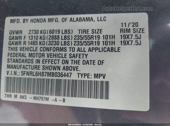 5FNRL6H87MB036447 2021 HONDA ODYSSEY Gray Engine compartment view