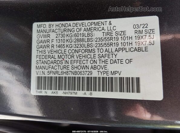 5FNRL6H87NB063729 2022 HONDA ODYSSEY Gray Engine compartment view
