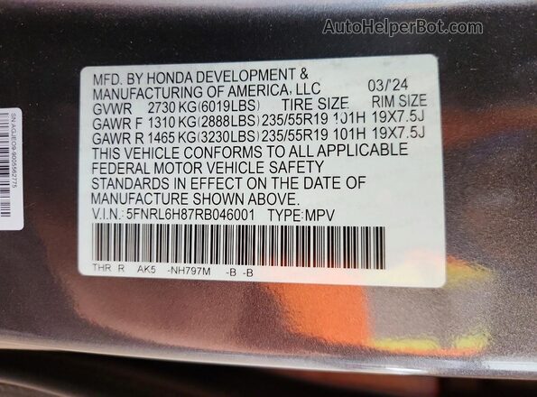 5FNRL6H87RB046001 2024 HONDA ODYSSEY Gray VIN sticker view