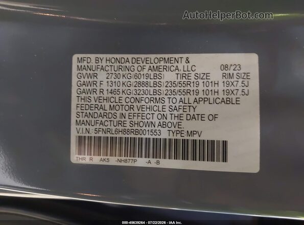 5FNRL6H88RB001553 2024 HONDA ODYSSEY Серый Вид подкапотного пространства