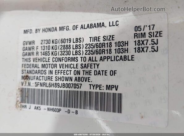 5FNRL6H89JB007057 2018 HONDA ODYSSEY White Вид підкапотного простору