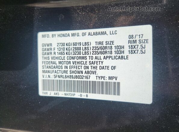 5FNRL6H89JB032167 2018 HONDA ODYSSEY Black Vista de la etiqueta del VIN