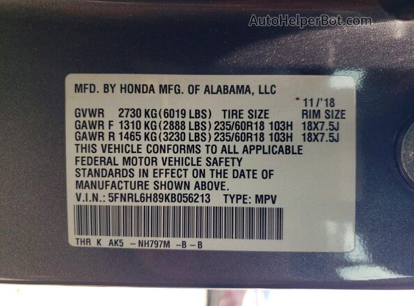 5FNRL6H89KB056213 2019 HONDA ODYSSEY Gray VIN sticker view