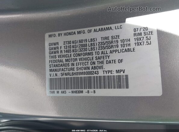 5FNRL6H89MB000243 2021 HONDA ODYSSEY Silver Widok komory silnika