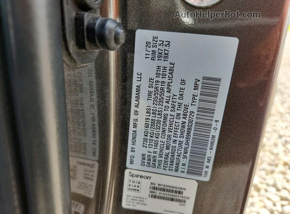 5FNRL6H89MB030729 2021 HONDA ODYSSEY Gray VIN կոդի պիտակի տեսք