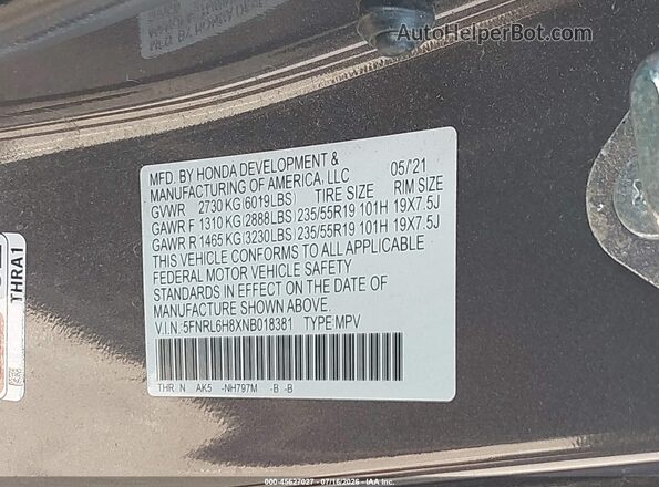 5FNRL6H8XNB018381 2022 HONDA ODYSSEY Gray Շարժիչի բաժամունքի տեսք