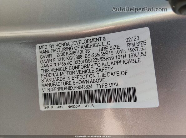 5FNRL6H8XPB043624 2023 HONDA ODYSSEY Silver ძრავის განყოფილების ხედი