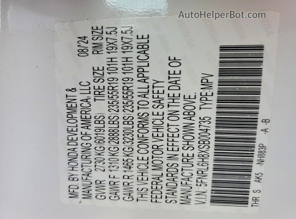 5FNRL6H8XSB004735 2025 HONDA ODYSSEY White VIN sticker view