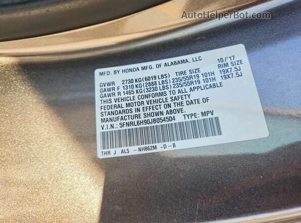 5FNRL6H90JB054504 2018 HONDA ODYSSEY Серый Вид наклейки с VIN-кодом