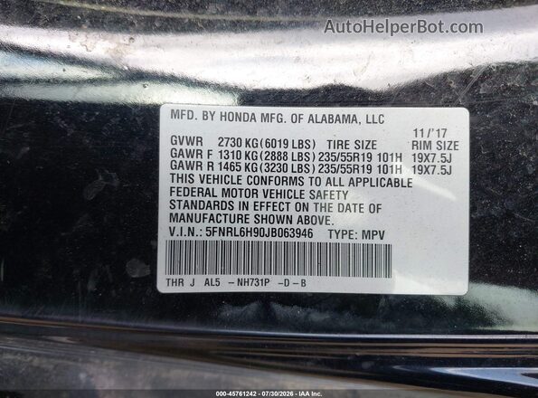 5FNRL6H90JB063946 2018 HONDA ODYSSEY Black Շարժիչի բաժամունքի տեսք