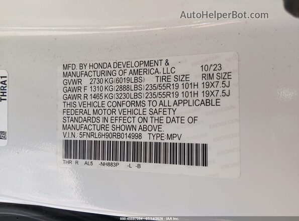 5FNRL6H90RB014998 2024 HONDA ODYSSEY White ძრავის განყოფილების ხედი