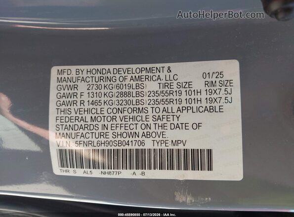 5FNRL6H90SB041706 2025 HONDA ODYSSEY Light Blue ძრავის განყოფილების ხედი