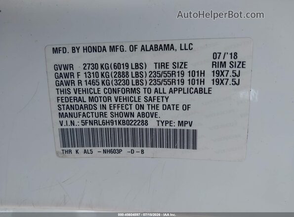 5FNRL6H91KB022288 2019 HONDA ODYSSEY White ძრავის განყოფილების ხედი