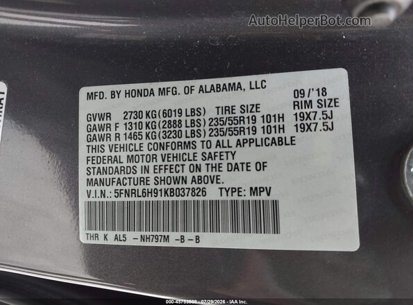 5FNRL6H91KB037826 2019 HONDA ODYSSEY Gray ძრავის განყოფილების ხედი