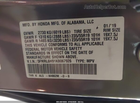 5FNRL6H91KB067926 2019 HONDA ODYSSEY Gray ძრავის განყოფილების ხედი
