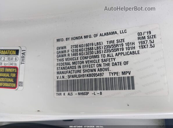 5FNRL6H91KB095497 2019 HONDA ODYSSEY White Vista del compartimento del motor