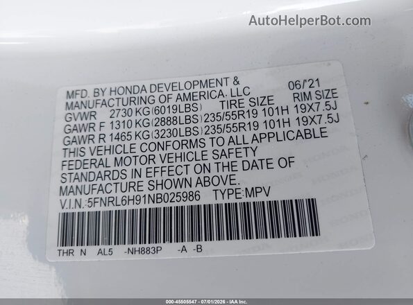 5FNRL6H91NB025986 2022 HONDA ODYSSEY White Vista del compartimento del motor