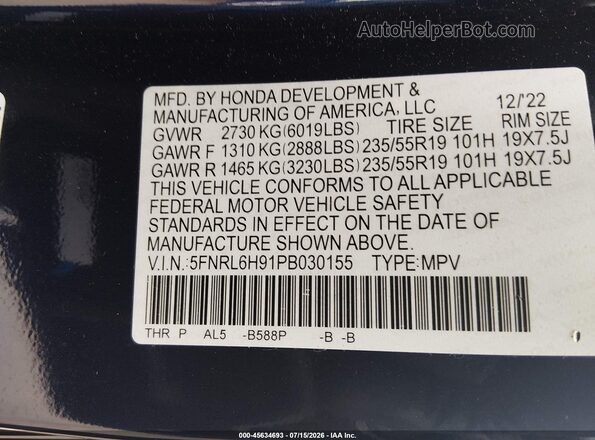 5FNRL6H91PB030155 2023 HONDA ODYSSEY Blue Շարժիչի բաժամունքի տեսք