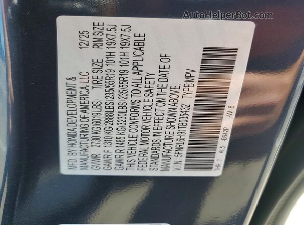 5FNRL6H91TB035432 2026 HONDA ODYSSEY Blue VIN կոդի պիտակի տեսք