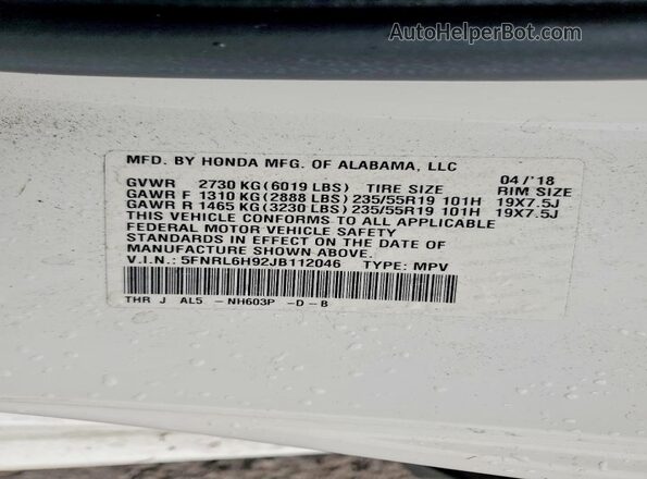 5FNRL6H92JB112046 2018 HONDA ODYSSEY White VIN კოდის სტიკერის ხედი