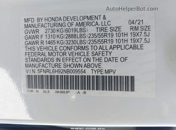5FNRL6H92NB009554 2022 HONDA ODYSSEY White Vista del compartimento del motor