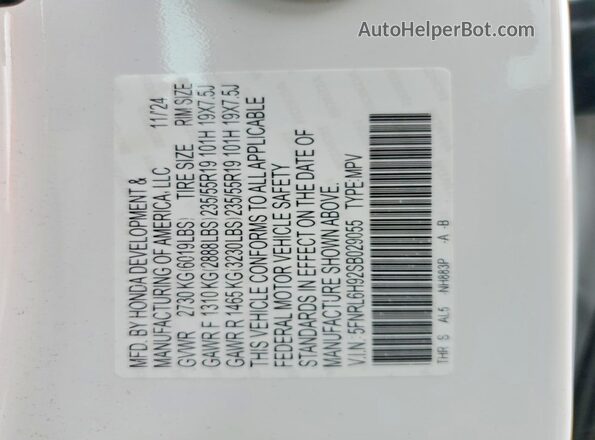 5FNRL6H92SB029055 2025 HONDA ODYSSEY White Vista de la etiqueta del VIN
