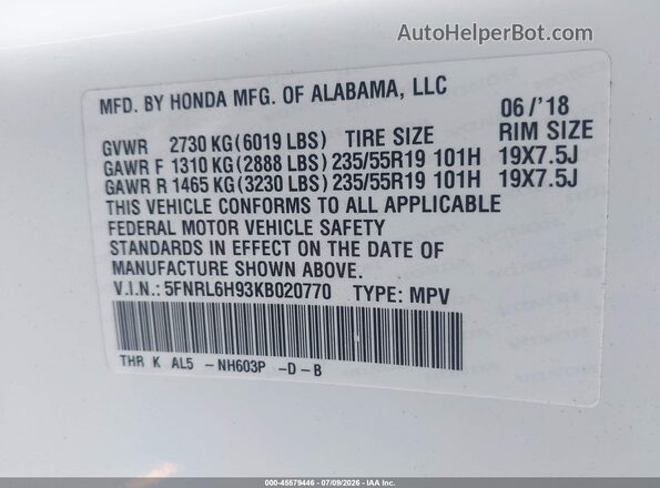 5FNRL6H93KB020770 2019 HONDA ODYSSEY White Շարժիչի բաժամունքի տեսք