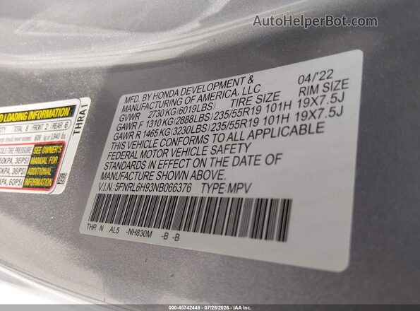 5FNRL6H93NB066376 2022 HONDA ODYSSEY Silver Շարժիչի բաժամունքի տեսք