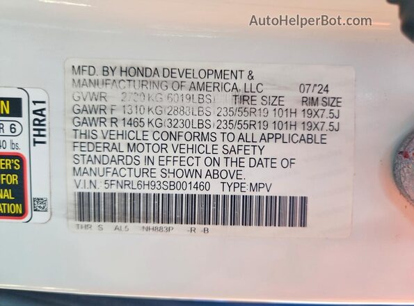 5FNRL6H93SB001460 2025 HONDA ODYSSEY White Widok wnętrza 360 stopni