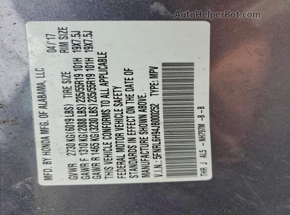 5FNRL6H94JB000252 2018 HONDA ODYSSEY Gray VIN კოდის სტიკერის ხედი