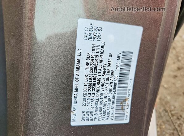 5FNRL6H94JB001398 2018 HONDA ODYSSEY Gray Widok naklejki z numerem VIN