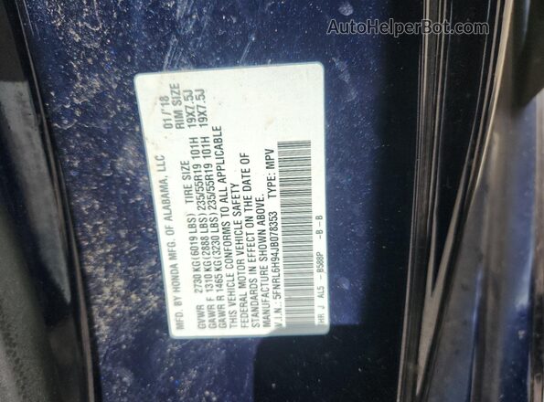 5FNRL6H94JB078353 2018 HONDA ODYSSEY Blue Вид наклейки з VIN-кодом