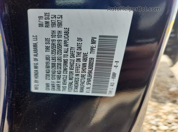5FNRL6H94LB000559 2020 HONDA ODYSSEY Синий Вид наклейки с VIN-кодом